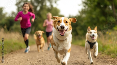 Active dogs joyfully run with their owners in a lively outdoor scene