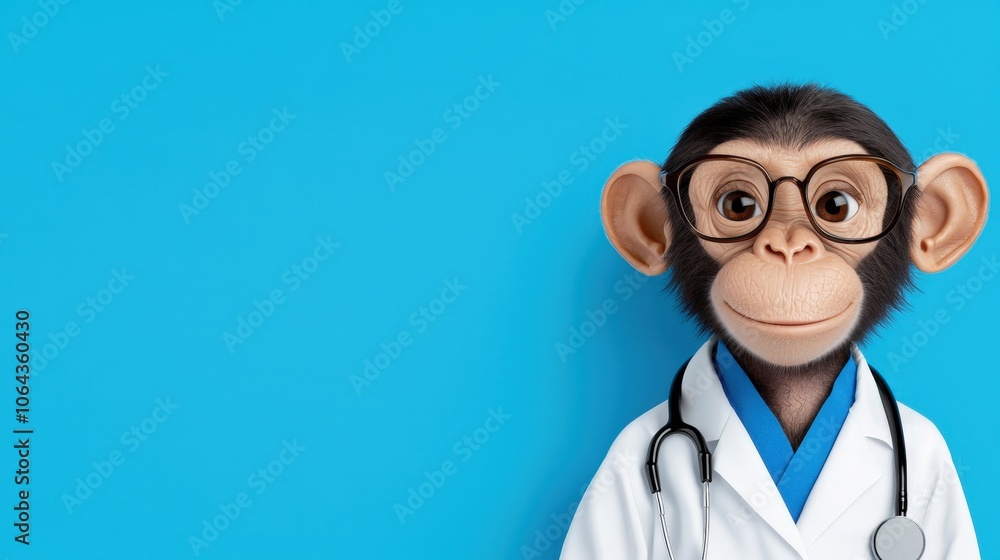 A playful monkey dressed as a doctor wearing glasses and a stethoscope against a bright blue background A playful monkey dressed as a doctor wearing glasses and a stethoscope against a bright blue background