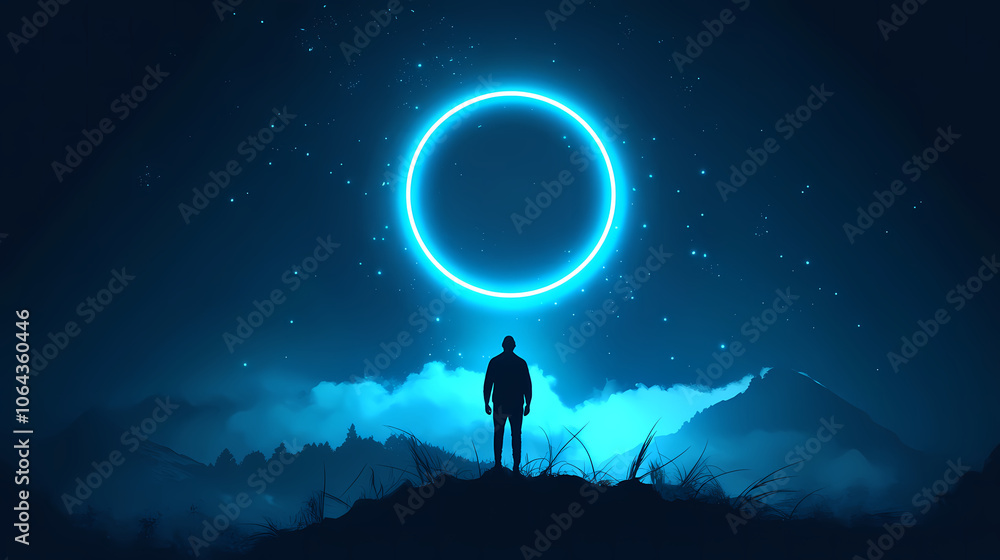 Fototapeta premium A mystical concept of a man standing on a hill with a glowing neon circle portal in the night sky. with a misty winter landscape in the distance. Mystical. Illustration