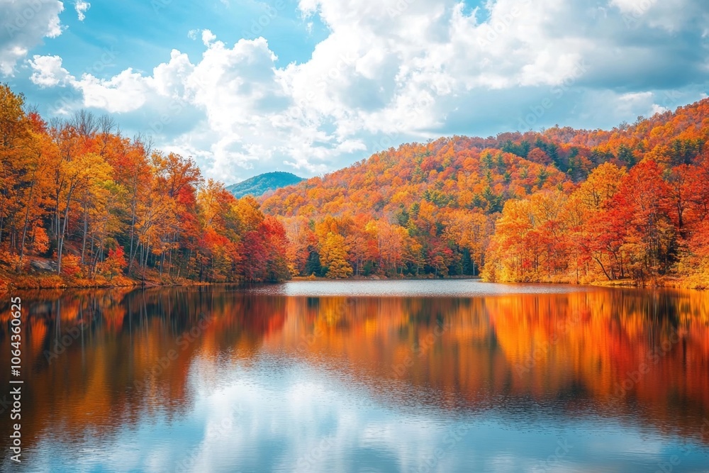 Stunning Autumn Landscape of Vibrant Foliage Reflected in Serene Mountain Lake Stunning Autumn Landscape of Vibrant Foliage Reflected in Serene Mountain Lake
