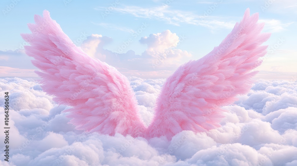 Fototapeta premium Pink angel wings emerging from fluffy clouds during a serene and bright afternoon sky