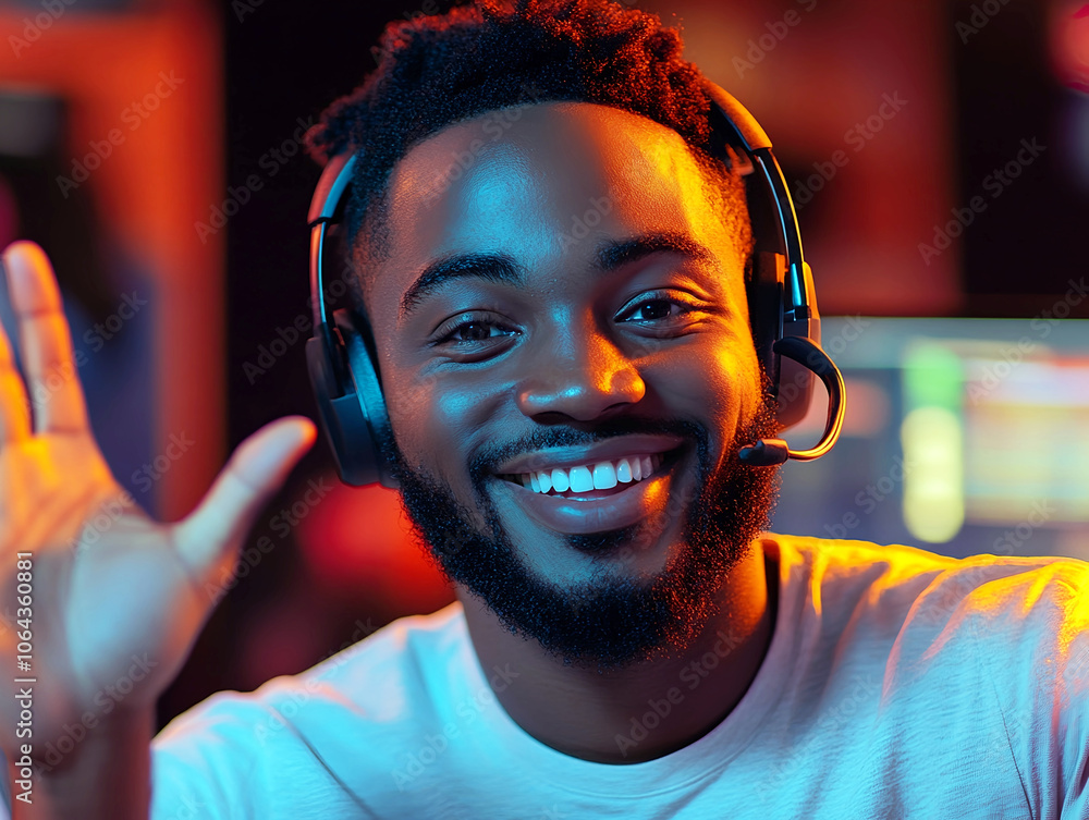 An African-American man wearing a headset in a Podcast, smiles and waves at the camera. An African-American man wearing a headset in a Podcast, smiles and waves at the camera.
