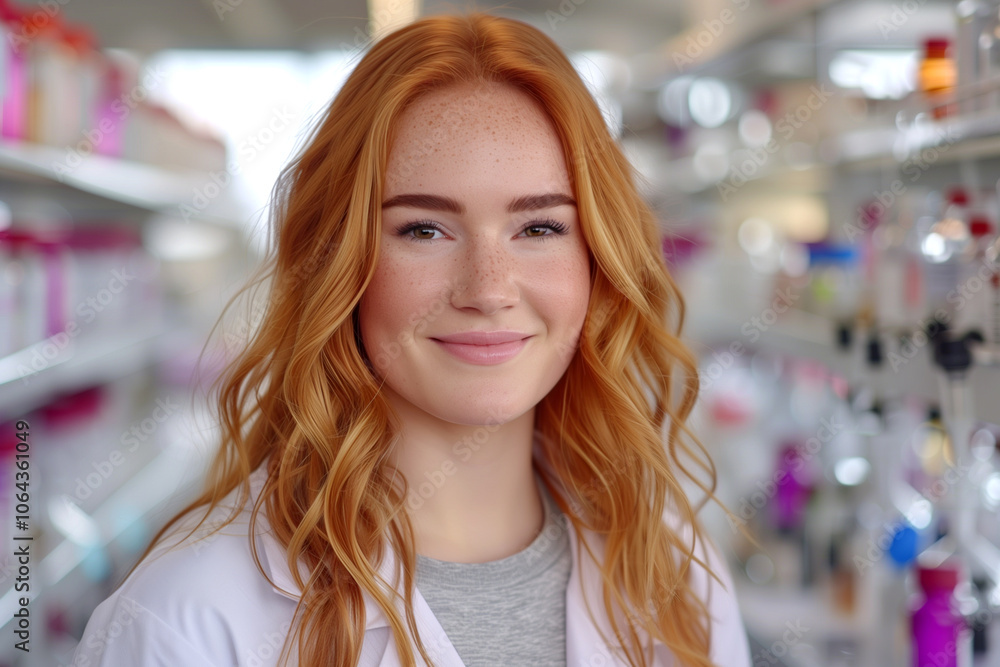 A woman with red hair is smiling in a lab A woman with red hair is smiling in a lab