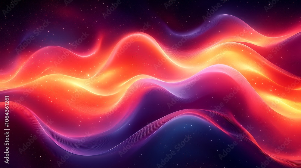 Abstract glowing red, orange, purple and blue waves with glittery particles on a black background. Abstract glowing red, orange, purple and blue waves with glittery particles on a black background.