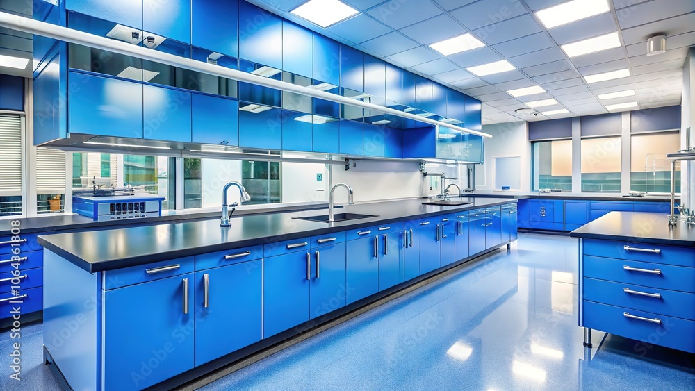 Modern Laboratory Workspace - Stainless Steel & Blue Cabinets Modern Laboratory Workspace - Stainless Steel & Blue Cabinets