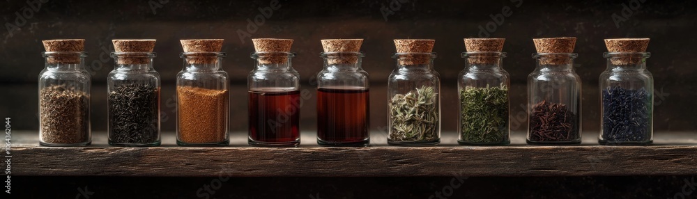 Assorted spice jars arranged on a wooden shelf with a rustic background, showcasing diverse flavors. Assorted spice jars arranged on a wooden shelf with a rustic background, showcasing diverse flavors.