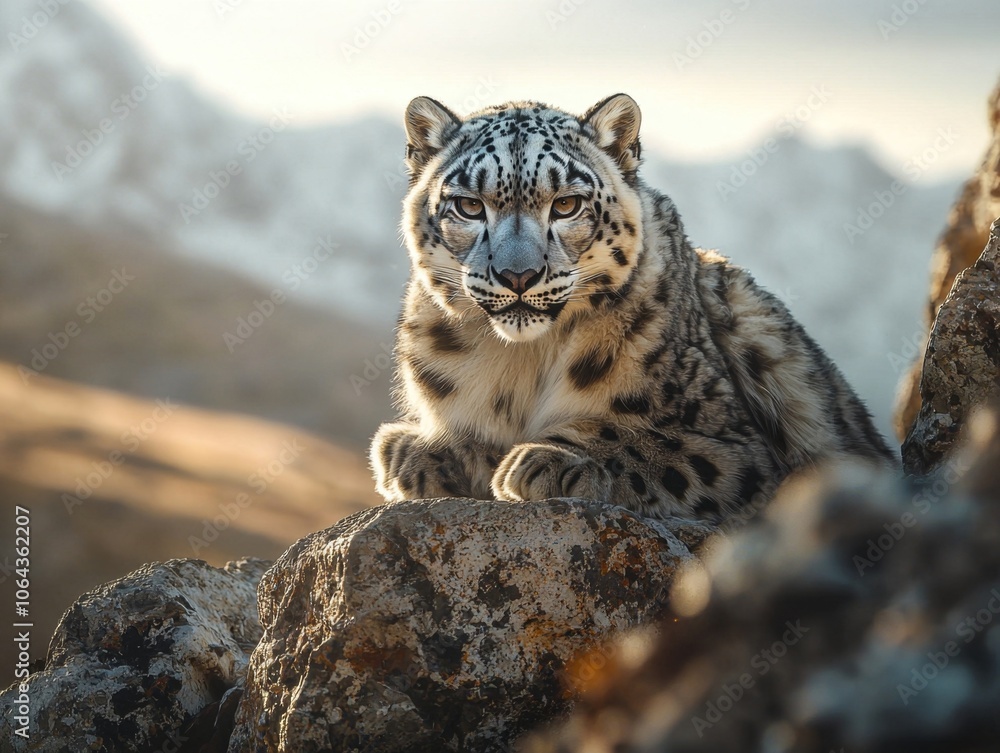 Obraz premium Powerful Snow Leopard Stalking on Rocky Mountain Cliff Edge in Scenic Himalayan Landscape