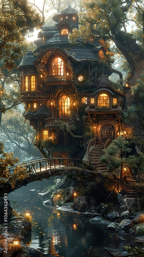 Obraz premium Enchanted Treehouse in a Magical Forest - Fantasy Architecture and Landscape