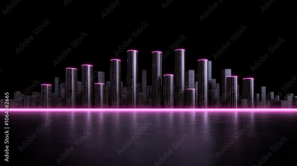A futuristic city skyline illuminated by pink lights reflects on a dark surface at night showcasing innovative architecture and design A futuristic city skyline illuminated by pink lights reflects on a dark surface at night showcasing innovative architecture and design