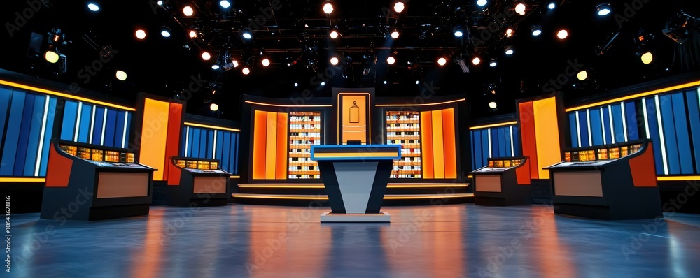 A modern game show set featuring vibrant lighting, sleek podiums, and colorful backgrounds, designed for engaging audience participation. A modern game show set featuring vibrant lighting, sleek podiums, and colorful backgrounds, designed for engaging audience participation.