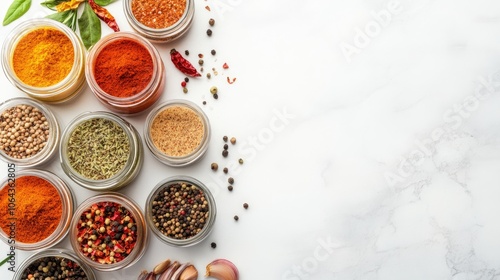 Assorted Spices in Glass Jars with Fresh Herbs on Light Background