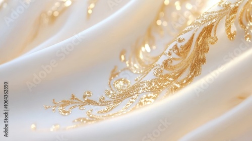 Elegant white fabric with intricate golden embroidery showcasing craftsmanship and design details in soft lighting