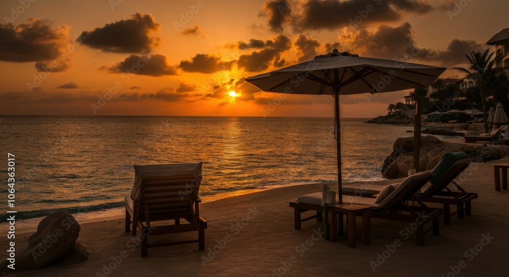 Sunset Beach with Lounge Chairs and Umbrella Sunset Beach with Lounge Chairs and Umbrella