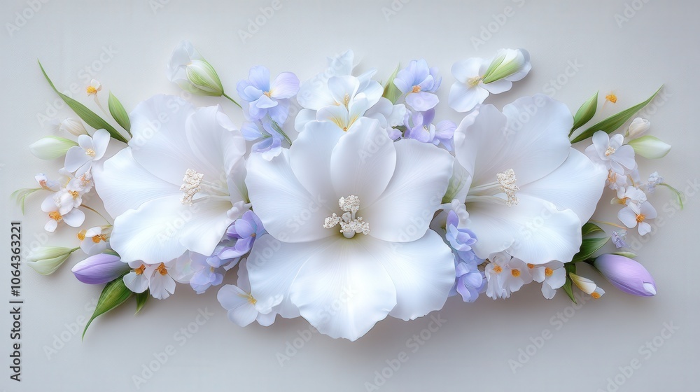 Delicate arrangement of white and pastel flowers with green leaves on a soft background, showcasing nature's beauty and elegance Delicate arrangement of white and pastel flowers with green leaves on a soft background, showcasing nature's beauty and elegance