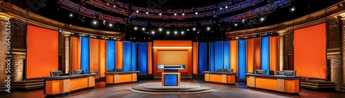 A vibrant game show set featuring orange and blue decor, with multiple podiums and bright lights, creating an energetic atmosphere.