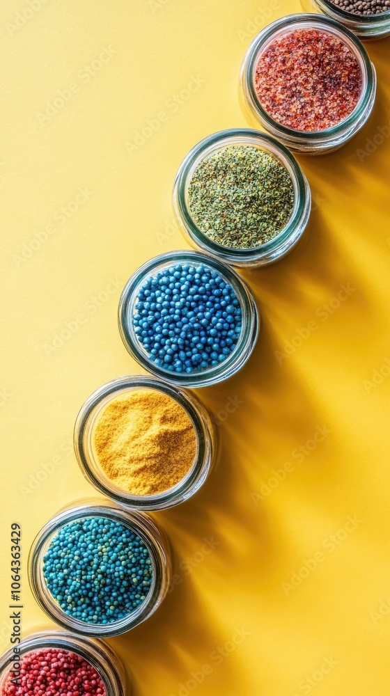 Assorted Spices in Glass Jars with Fresh Herbs on Light Background Assorted Spices in Glass Jars with Fresh Herbs on Light Background