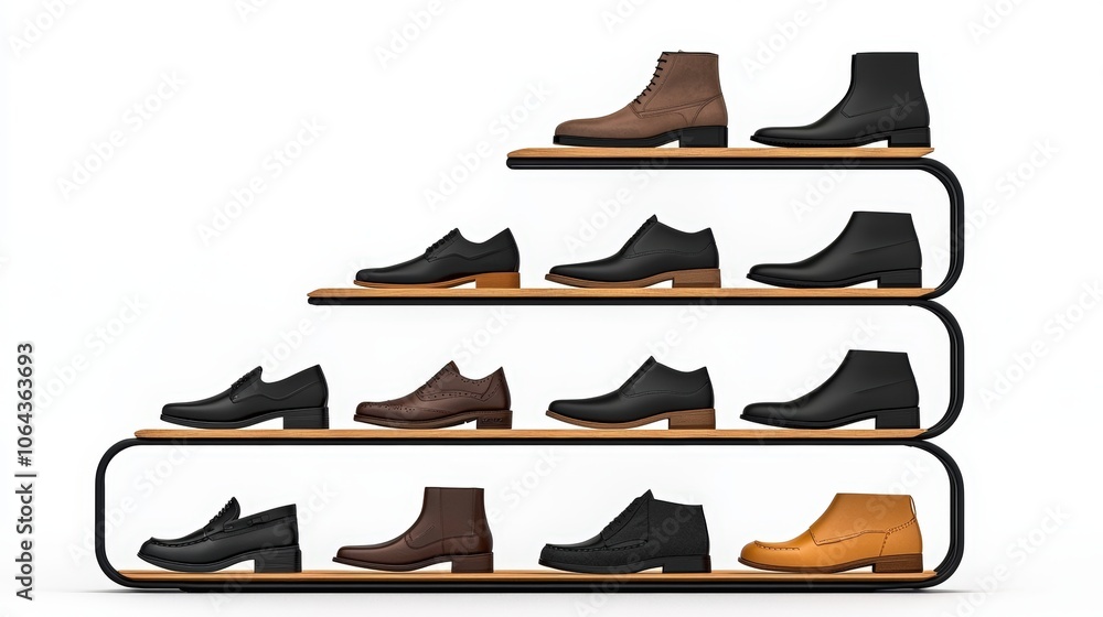 Display of stylish footwear on modern shelves in a contemporary setting showcasing various designs and colors for men Display of stylish footwear on modern shelves in a contemporary setting showcasing various designs and colors for men