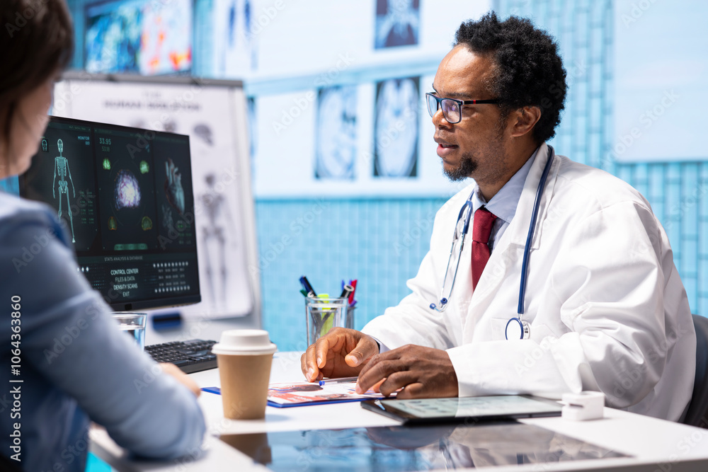 Medical expert discussing about diagnostics treatment with patient in cabinet, reviewing the test analysis reports during a consultation. Medic specialist supporting woman with illness. Medical expert discussing about diagnostics treatment with patient in cabinet, reviewing the test analysis reports during a consultation. Medic specialist supporting woman with illness.