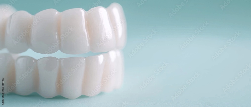 Detailed view of dental veneers or artificial teeth, showcasing the smooth, polished surfaces against a soft blue background, symbolizing dental health.
Detailed view of dental veneers or artificial teeth, showcasing the smooth, polished surfaces against a soft blue background, symbolizing dental health.