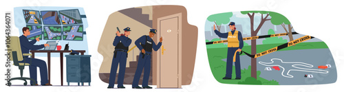 Police Officers Involved In Various Crime Scene Activities, Including Surveillance, Investigation, And Securing
