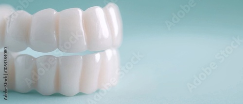 Detailed view of dental veneers or artificial teeth, showcasing the smooth, polished surfaces against a soft blue background, symbolizing dental health. 