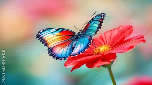 Close-up of a colorful butterfly resting on a red flower, showcasing the beauty of nature and vibrant insect life in a natural garden setting