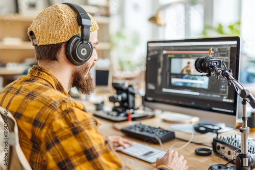 A content creator working at a desk with headphones, camera, and editing software on the computer, preparing for the next video project. 