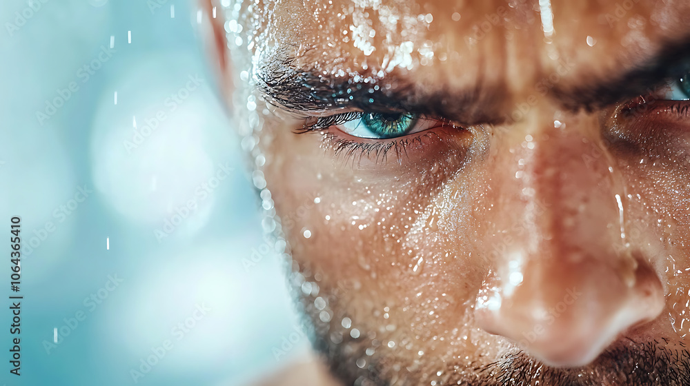 Athlete focuses under gym lights as sweat drips down brow Athlete focuses under gym lights as sweat drips down brow