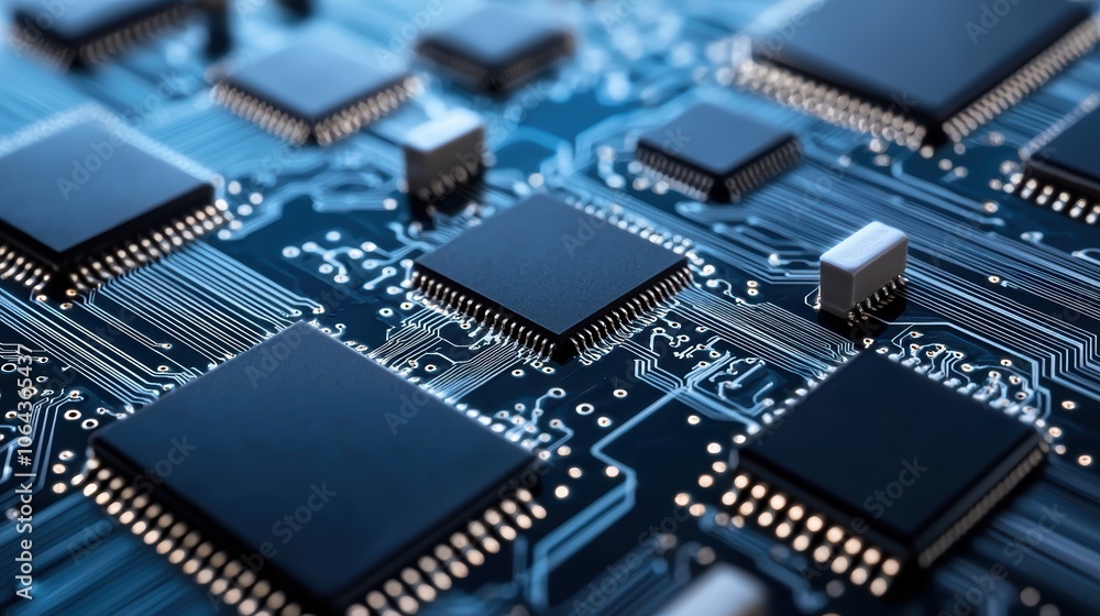 Close-up view of complex circuit board with microchips on blue background. Close-up view of complex circuit board with microchips on blue background.
