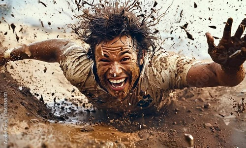 A joyful rugby player with a big smile slides through a field covered in mud. The image captures the fun and exhilaration of playing sports in tough conditions