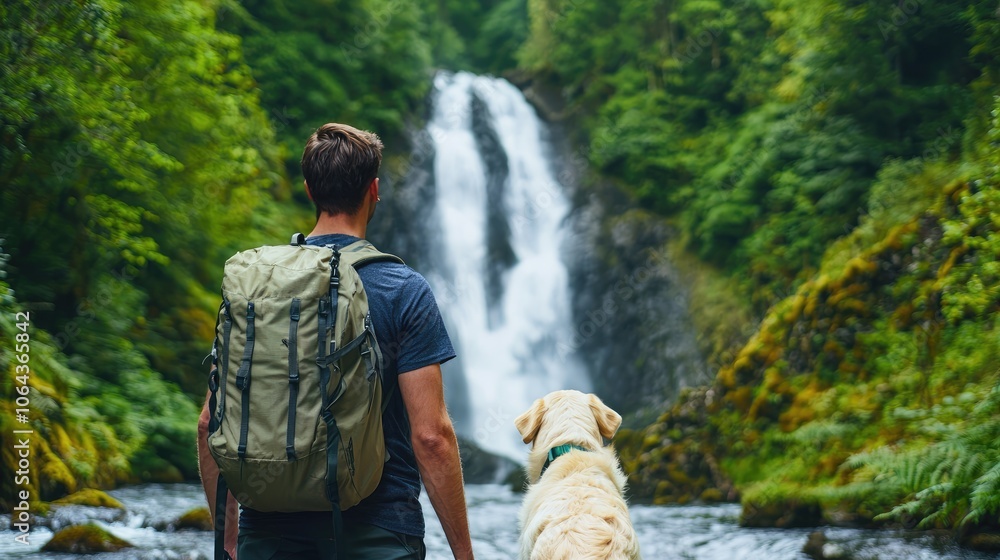 Discover the serenity of nature as you explore stunning waterfalls with your loyal companion Discover the serenity of nature as you explore stunning waterfalls with your loyal companion