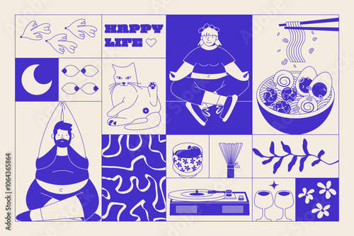 Atmospheric restaurant banner. Happy calm lifestyle concept japanese aesthetics, yoga ramen matcha vinyl floral elements asian style. Modern banner, blue monochrome background. Vector illustration