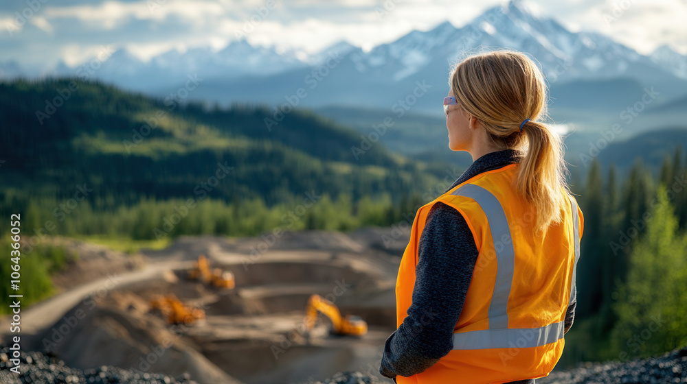 Fototapeta premium woman in reflective vest surveys mining site surrounded by mountains and trees, showcasing beauty of nature and industry