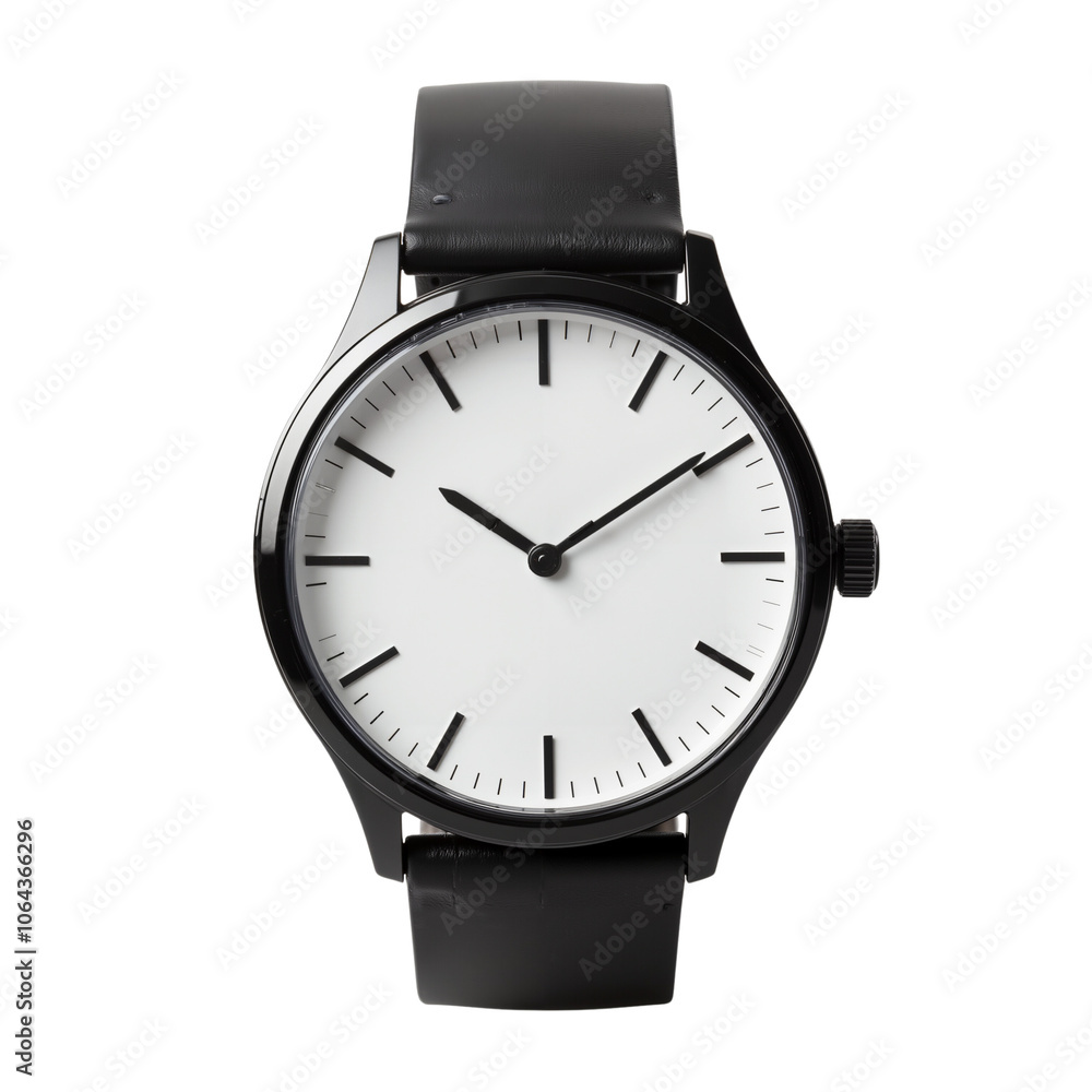 Minimalistic black watch with white dial and leather strap Minimalistic black watch with white dial and leather strap