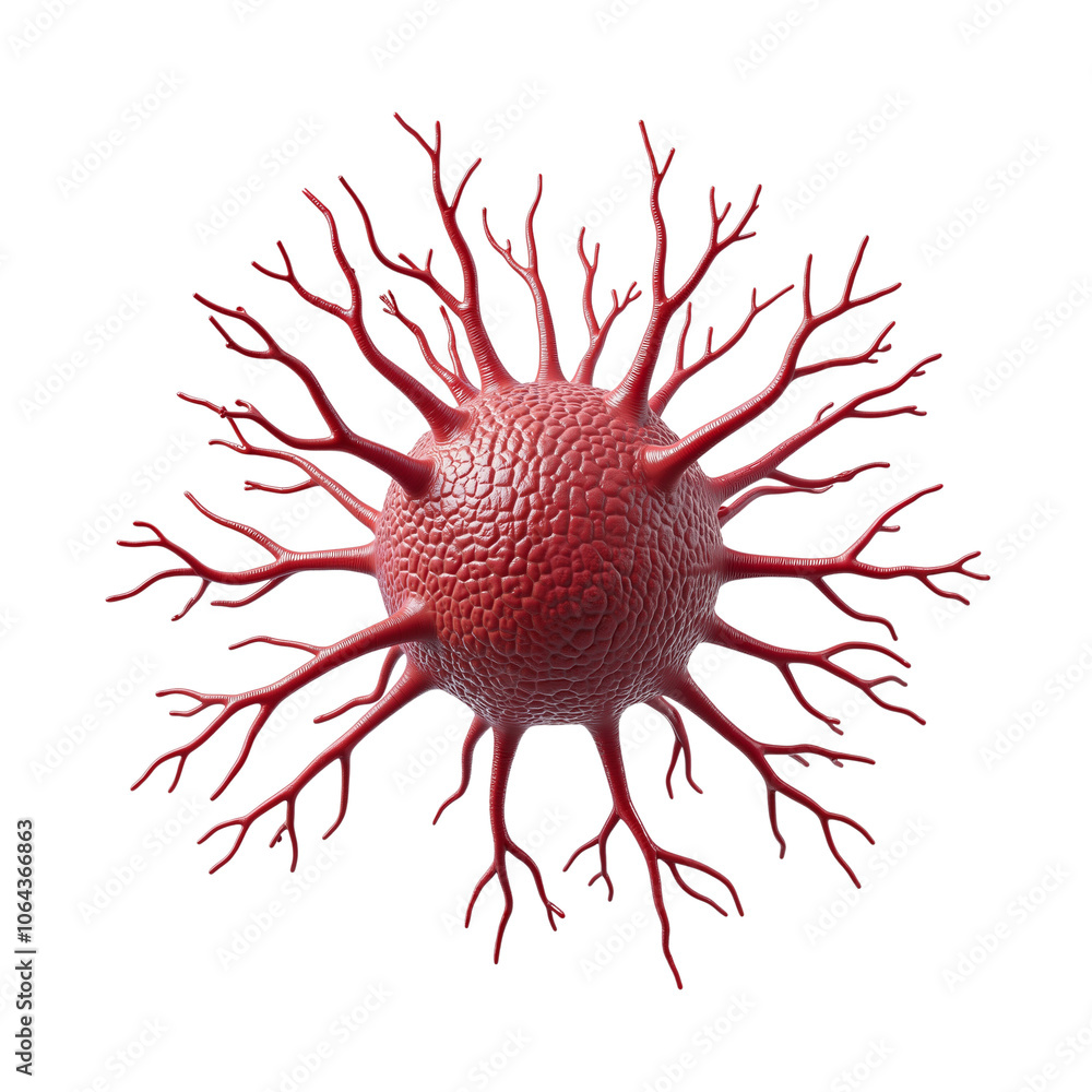 Red cellular structure with branching tendrils on a white background Red cellular structure with branching tendrils on a white background