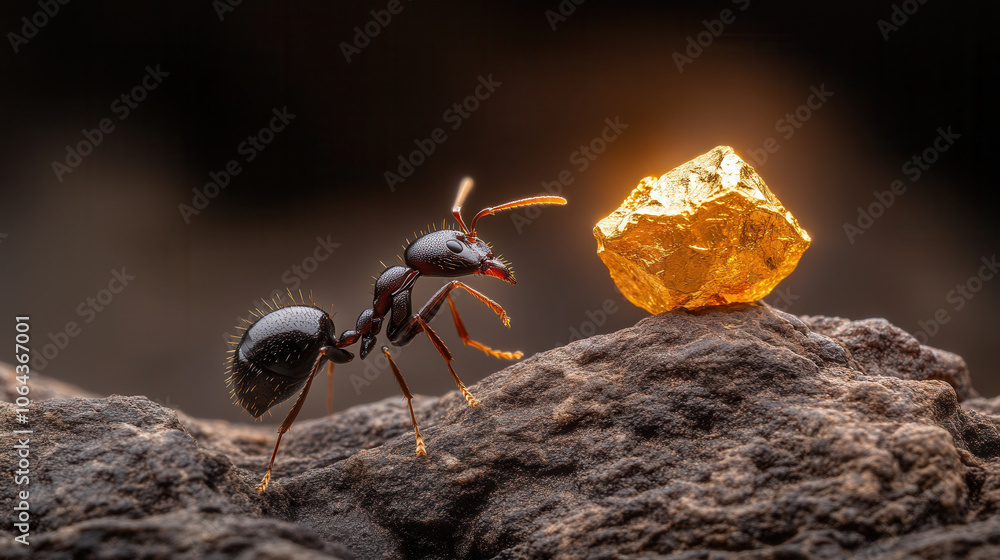 little black ant approaches shiny gold rock on textured stones, showcasing nature wonders. scene captures ant curiosity and determination little black ant approaches shiny gold rock on textured stones, showcasing nature wonders. scene captures ant curiosity and determination