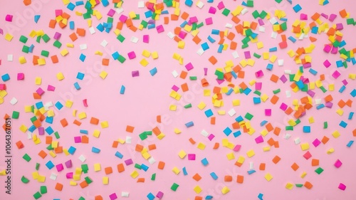 Colorful party confetti scattered on pink background, colorful