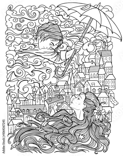 Romantic line art coloring page with loving couple - girl with long hair and boy holding umbrella against the background of old town, nasty weather and stormy clouds. I love you concept