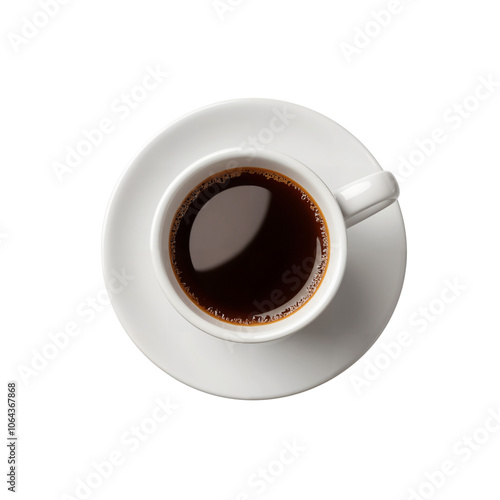 Top view of a black coffee cup on a saucer