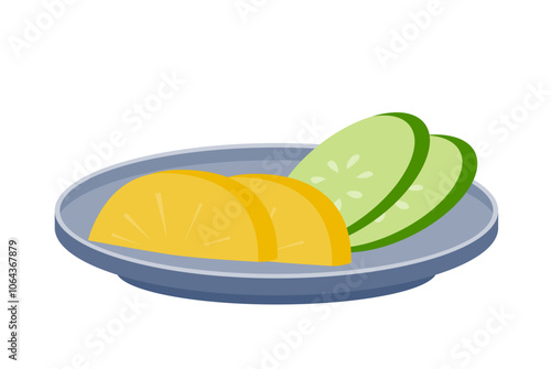 お皿に乗ったたくあんときゅうりの漬物のベクターイラスト