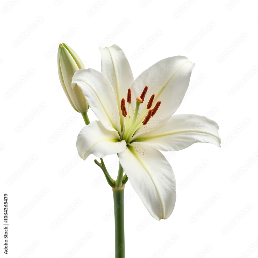 White Lily Flower with Bud and Stamen on Green Stem White Lily Flower with Bud and Stamen on Green Stem