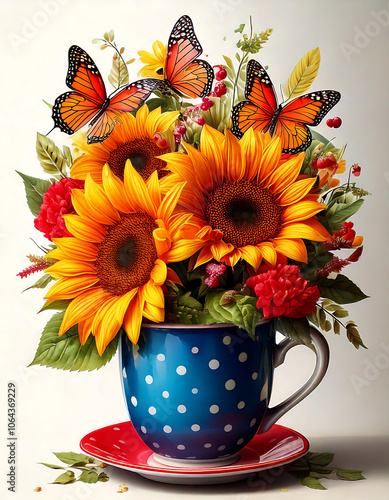 Sunflowers and Butterflies in a Polka Dot Teacup