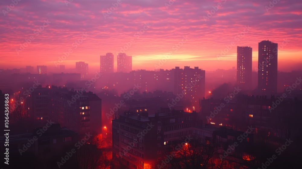 Fototapeta premium A city skyline at dawn with a blend of orange and pink hues in the sky, buildings illuminated by early light