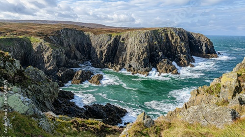 A scenic view of a rugged coastline with crashing waves and dramatic cliffs.