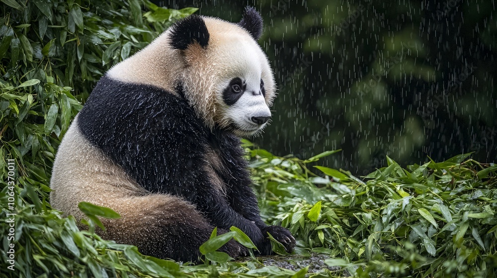 Fototapeta premium A giant panda sits in a lush green bamboo forest, looking to the side, as raindrops fall around it.