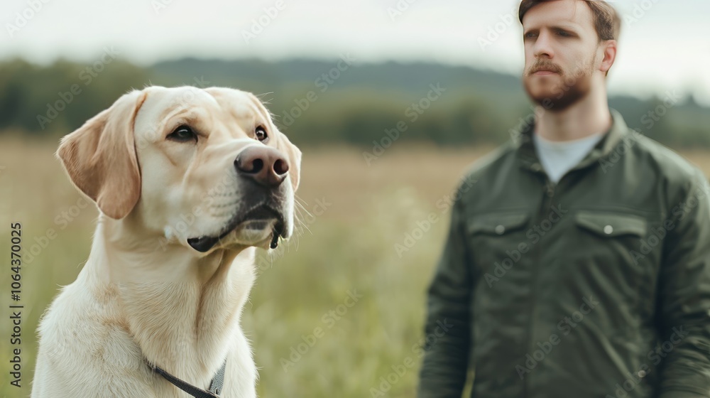 A man and his loyal labrador retriever enjoying a peaceful day in the great outdoors A man and his loyal labrador retriever enjoying a peaceful day in the great outdoors