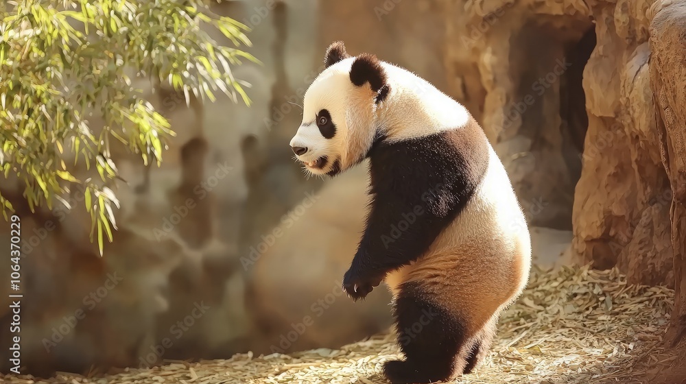 Naklejka premium A giant panda standing on its hind legs in a zoo enclosure.