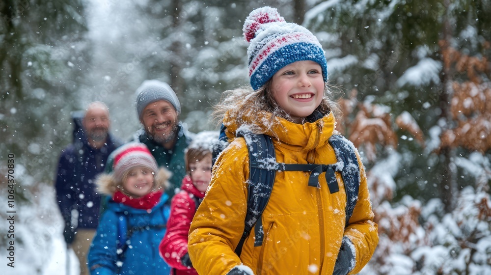 A family enjoying a winter hike through a snow-covered forest, bundled up in colorful winter gear, surrounded by towering trees and the beauty of nature A family enjoying a winter hike through a snow-covered forest, bundled up in colorful winter gear, surrounded by towering trees and the beauty of nature