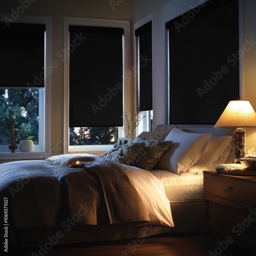 A darkened bedroom at night with blackout roller shades fully drawn, blocking out all light from the outside. The dim glow of a bedside lamp casts a soft, warm light over the room, emphasizing the