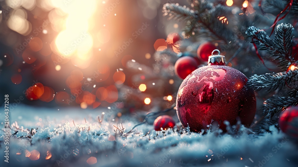 Sparkling Christmas Ornament on a Snowy Tree Branch - Festive Winter Wonderland Sparkling Christmas Ornament on a Snowy Tree Branch - Festive Winter Wonderland